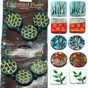 Lot Enchanted Planet Beads Hand Painted Glass Focal Bird Floral Art Chunky Mix